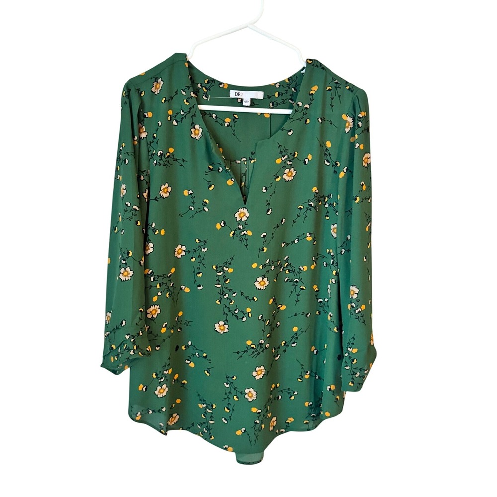 DR2 Green Floral V-Neck Blouse 3/4 Sleeve Back Pleat Size L
